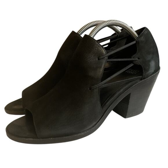 Eileen Fisher Nikki Peep Toe Open Toe Block Heel Size 8 Black Suede Stretch Side - Picture 11 of 12